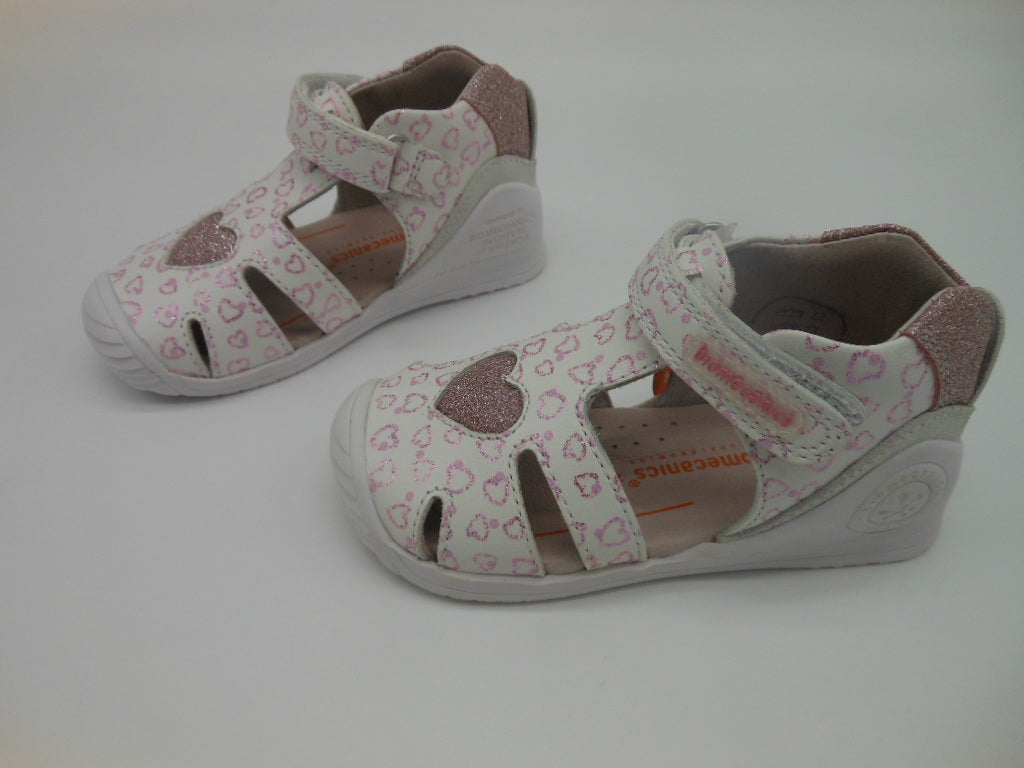 Sandalo gabbietta bambina-primi passi-Biomecanics-pelle bianco/rosa