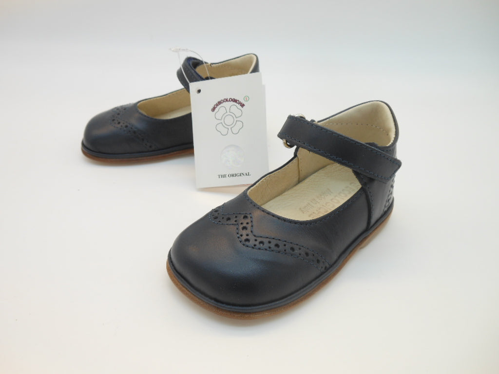 Ballerina primi passi in vera pelle-blu-motivo brogue-suola in cuoio | Gioiecologiche