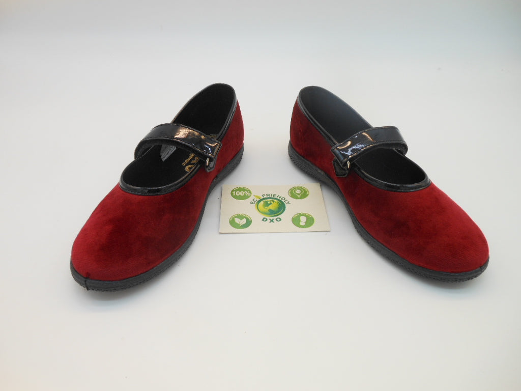 Ballerina bambina-Friulana in velluto rosso-laccetto con velcro in vernice nero | Albero delle scarpe